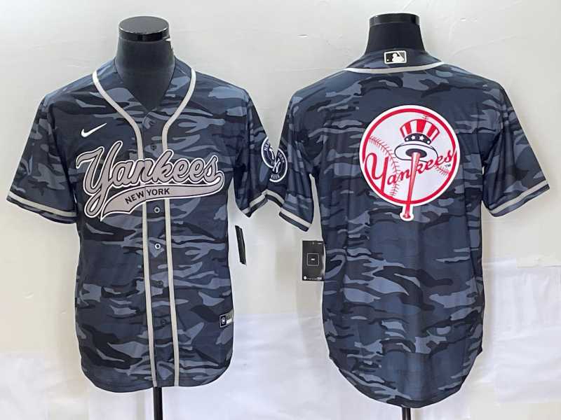 Mens New York Yankees Gray Camo Team Big Logo With Patch Cool Base Stitched Baseball Jerseys